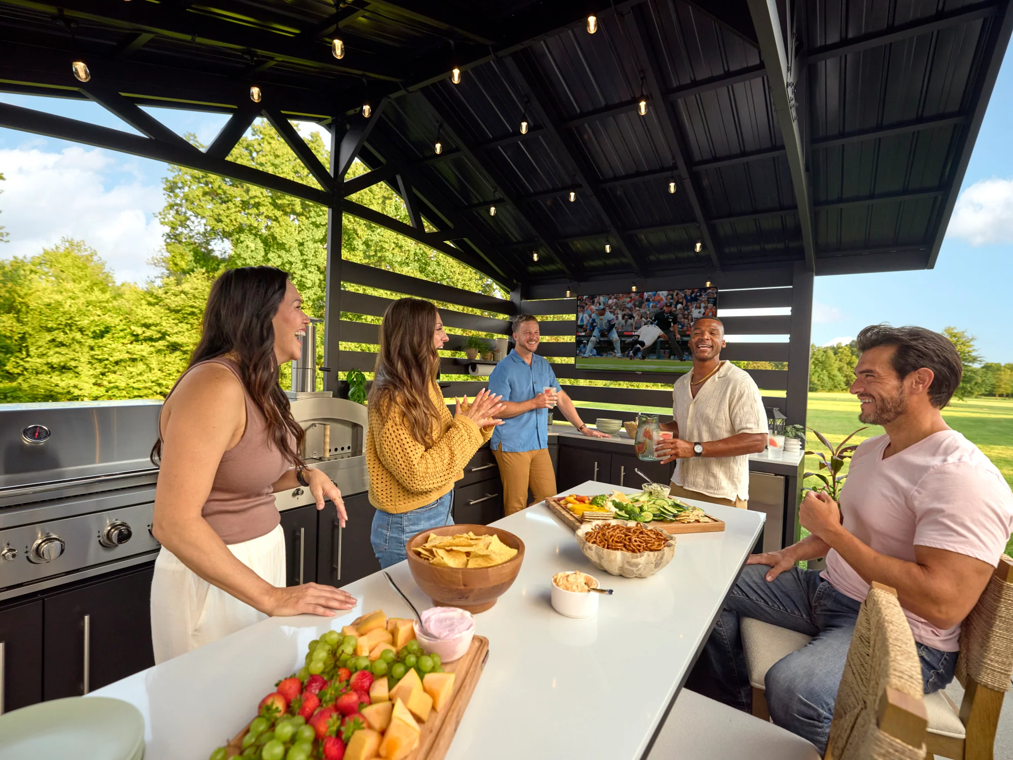 Langston | Covered Walk-In Outdoor Kitchen with Built-In Grill & Pizza Oven - Image 32